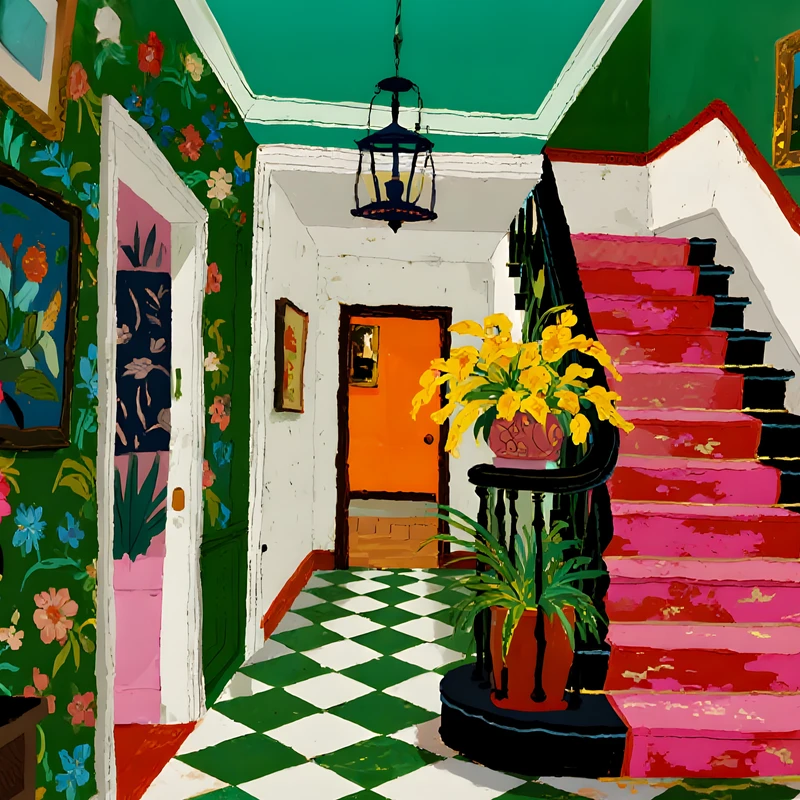 Vibrantní umělecký styl Art Deco schodiště 4K pozadí