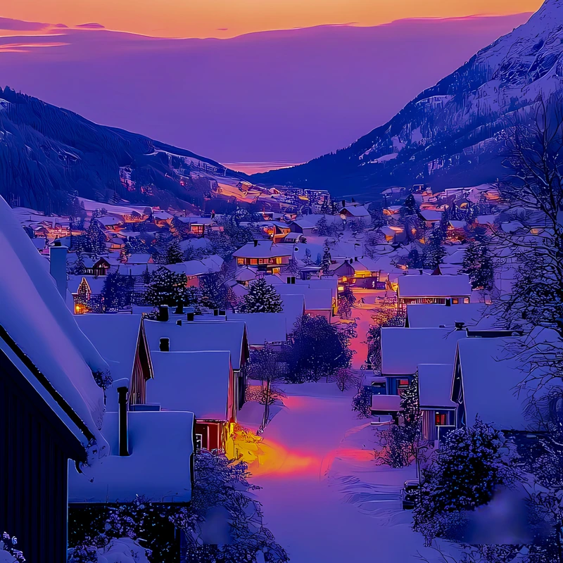 Sunset d'un village hivernal des Alpes 8K Ultra HD pour téléphone