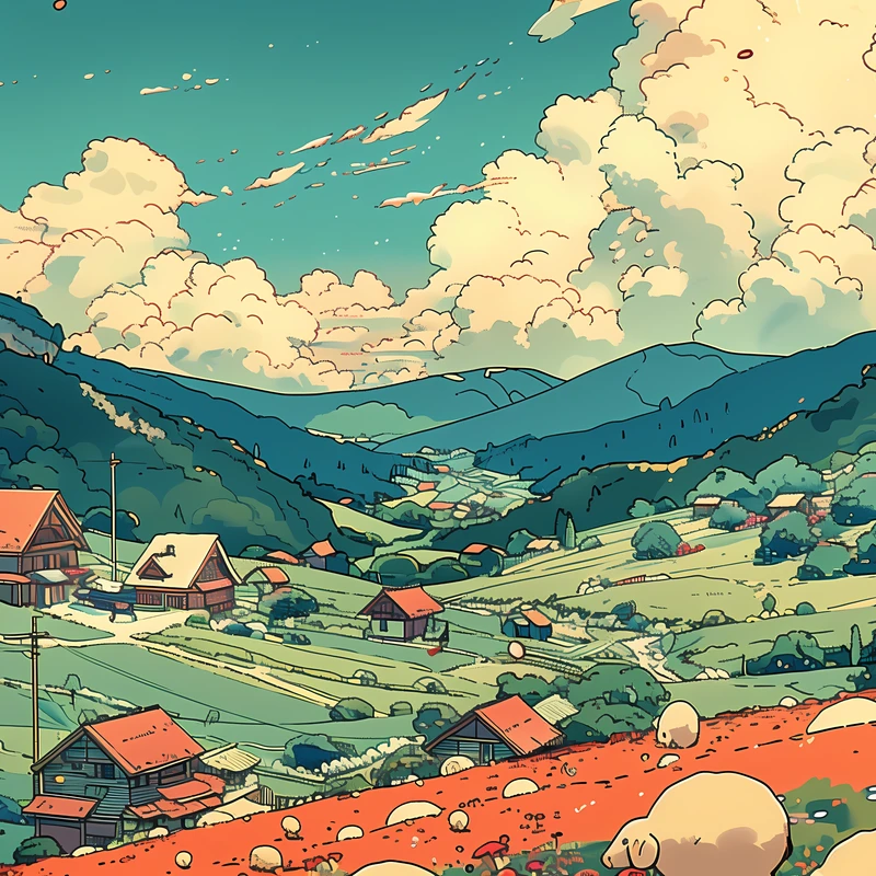 Anime vesnice v údolí 4K stolní pozadí