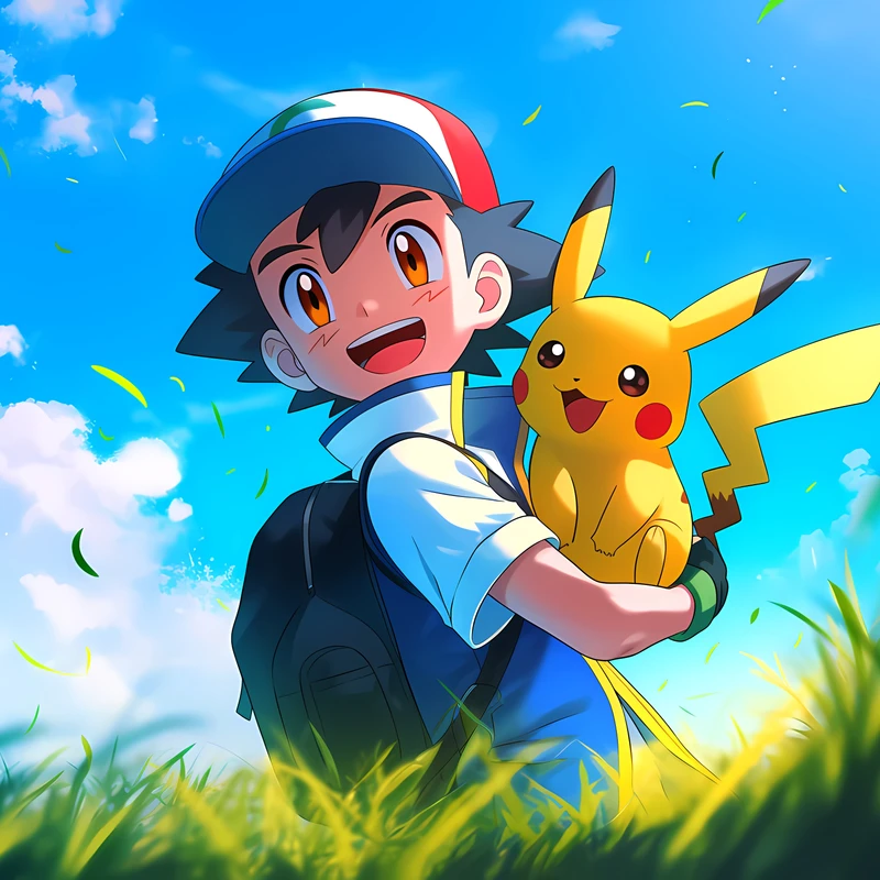 Anime-stil Pokémon-træner og Pikachu 4K skrivebordsbillede