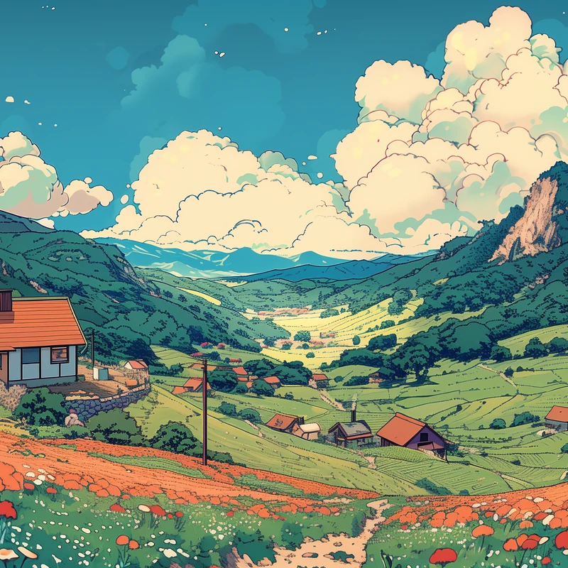 Studio Ghibli-stijl bergvallei 8K Ultra HD bureaublad achtergrond