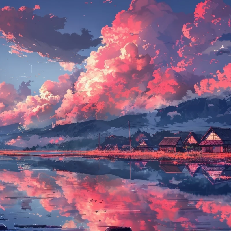 Japonská vesnice při západu slunce 8K Ultra HD stěnový obrázek