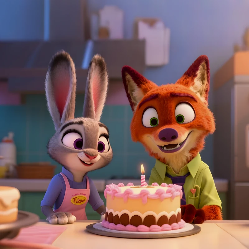 Animera kanin och räv födelsedagskaka 4K skrivbordsbakgrund