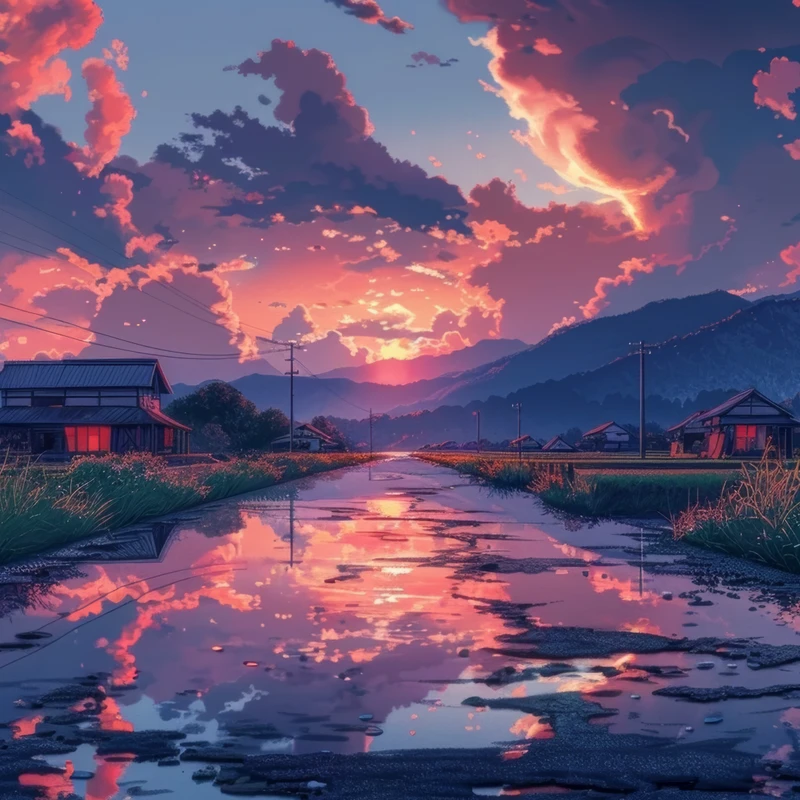 Japonská vesnice při západu slunce 8K Ultra HD stěnka