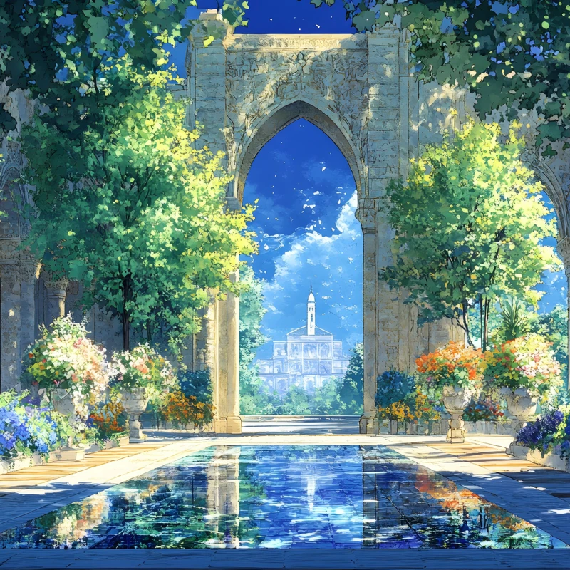 Anime Garden Courtyard 8K Ultra HD Desktop Wallpaper