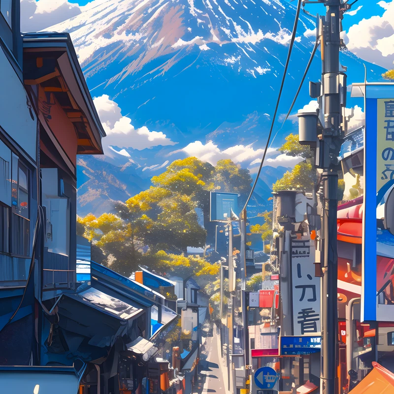 Japonská ulice s horským pohořím Fuji 8K ultra HD mobilní pozadí