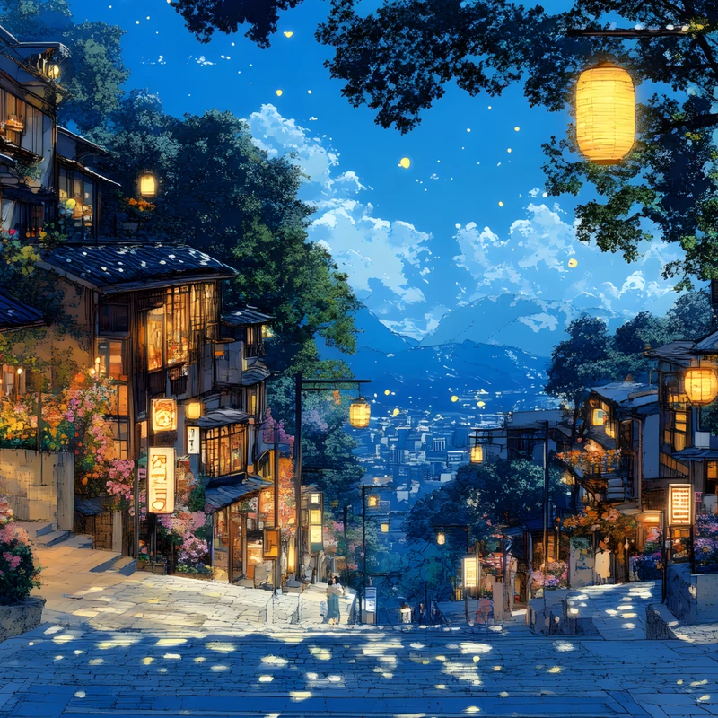 Japonský noční vesnický výhled 8K ultra HD stěnová tapeta