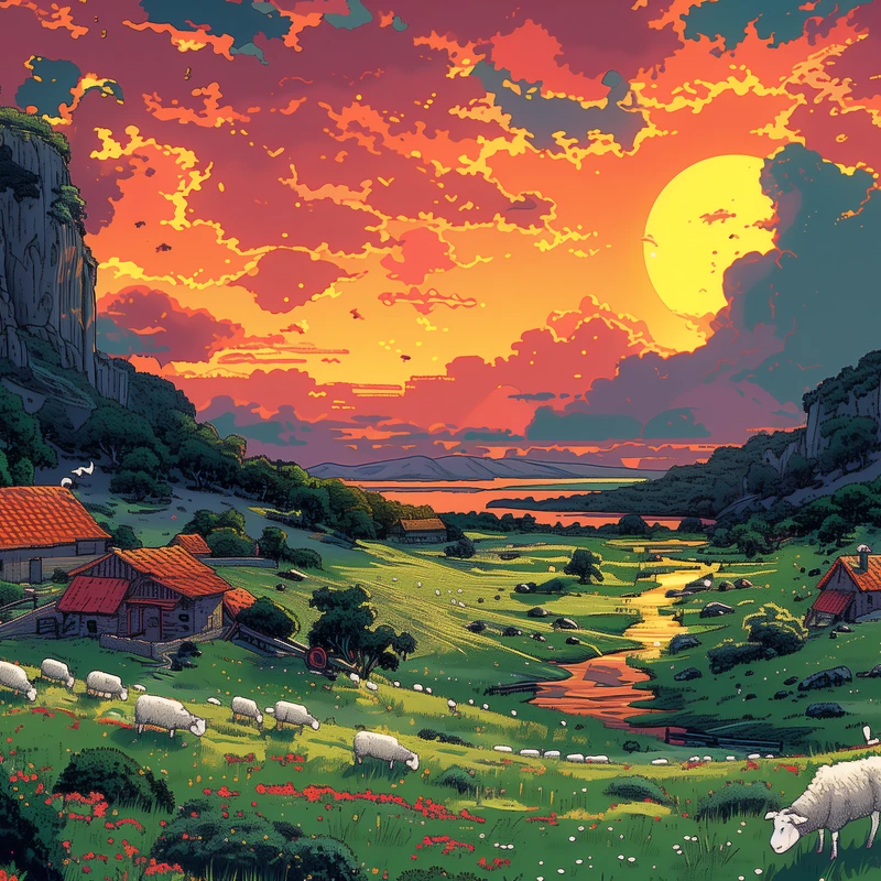 Anime Landelijk Zonsondergang 8K Ultra HD Bureau Wallpaper