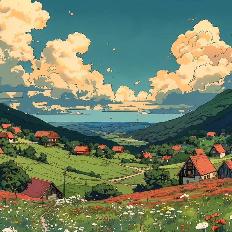 Anime-Alpen-dorp 4K bureaublad achtergrond