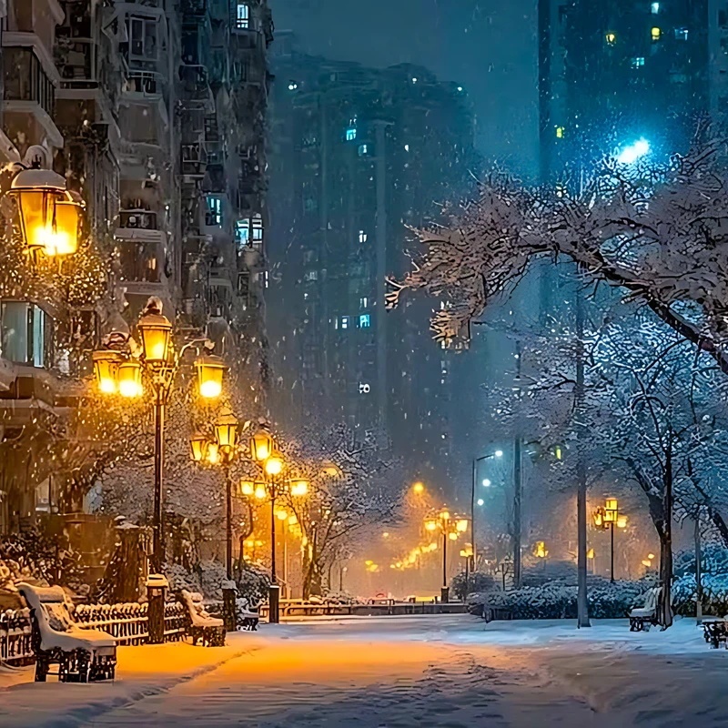 Paisaje de nieve en noche invernal urbana 4K para escritorio