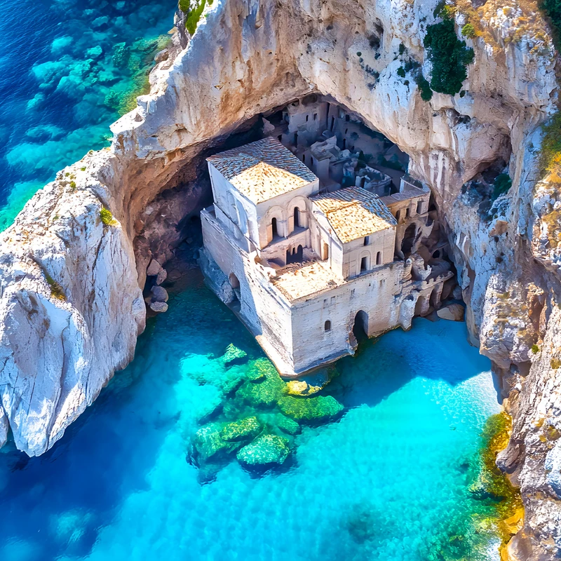 Mediterránský pobřežní klášter 4K stolní pozadí