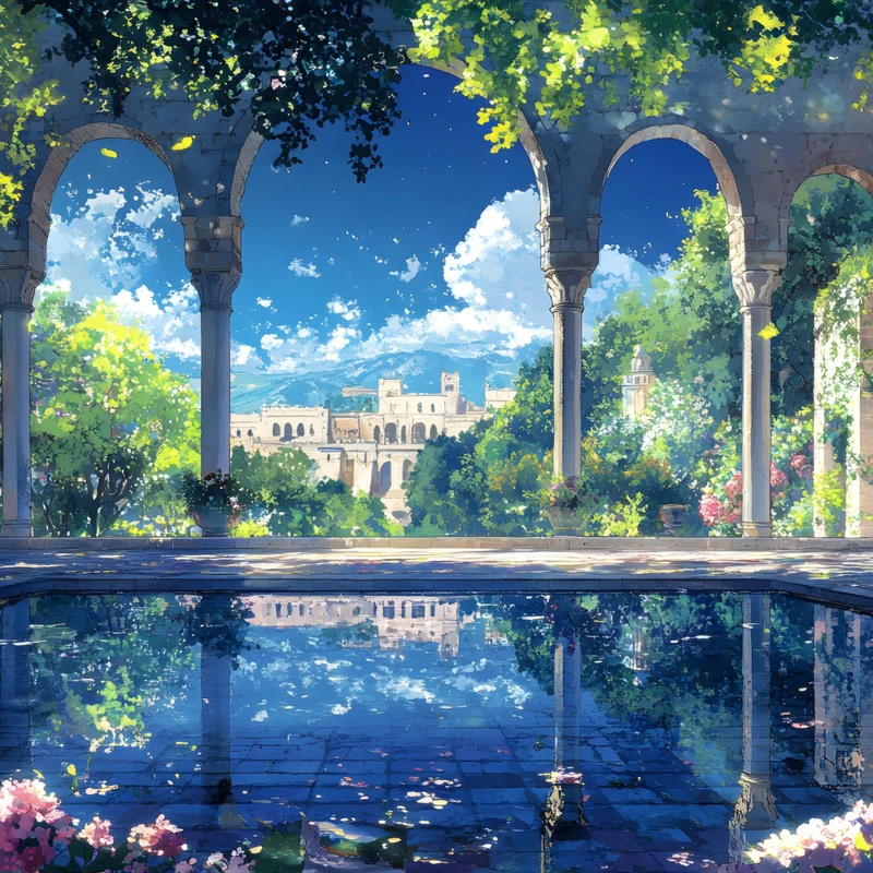 Anime Garden Courtyard 8K Ultra HD Desktop Wallpaper