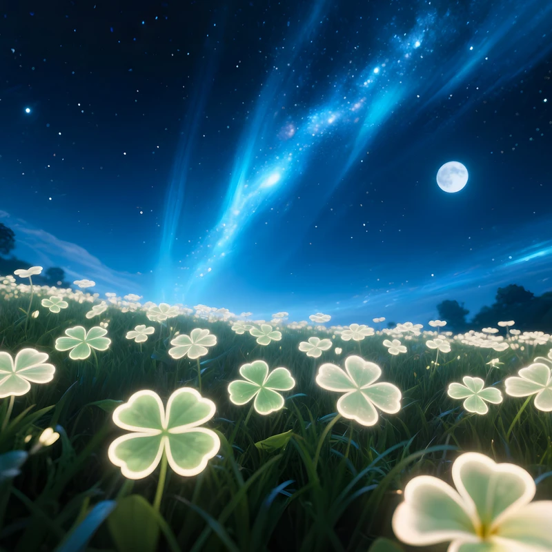 东方艺术夜色三叶草花田 4K 桌面壁纸