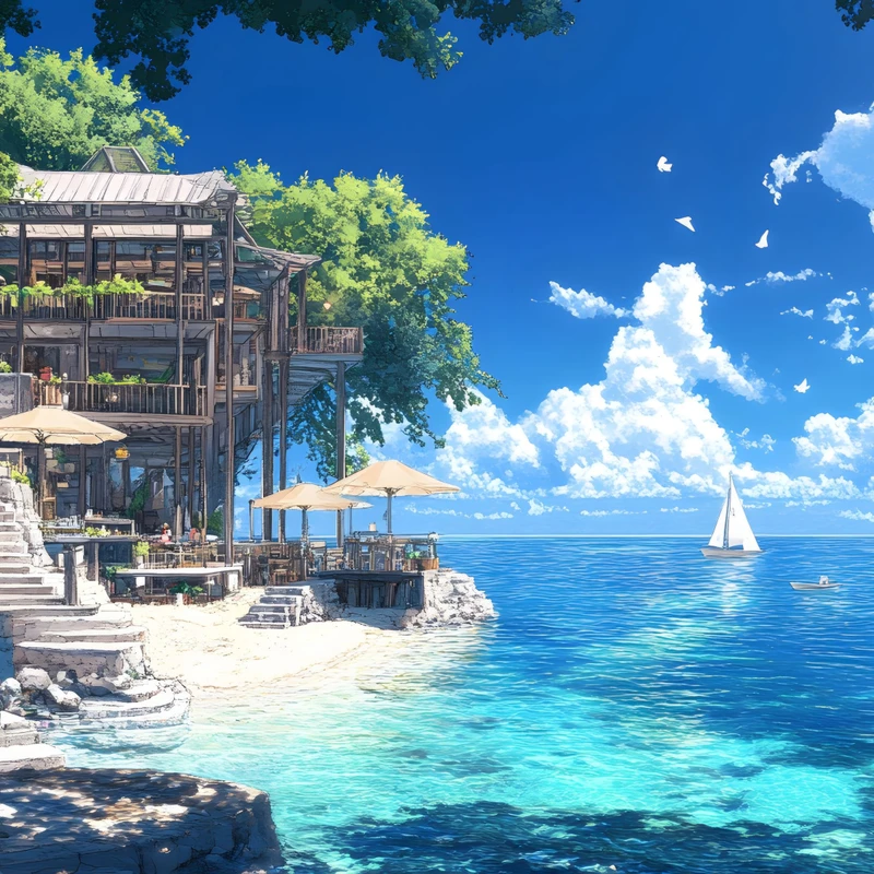 Japansk Anime-strandhytte 8K ultra HD baggrundsbillede