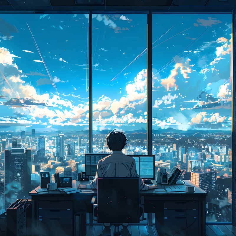 Papel de Pared 8K Ultra HD de Escena Urbana Animada en Oficina