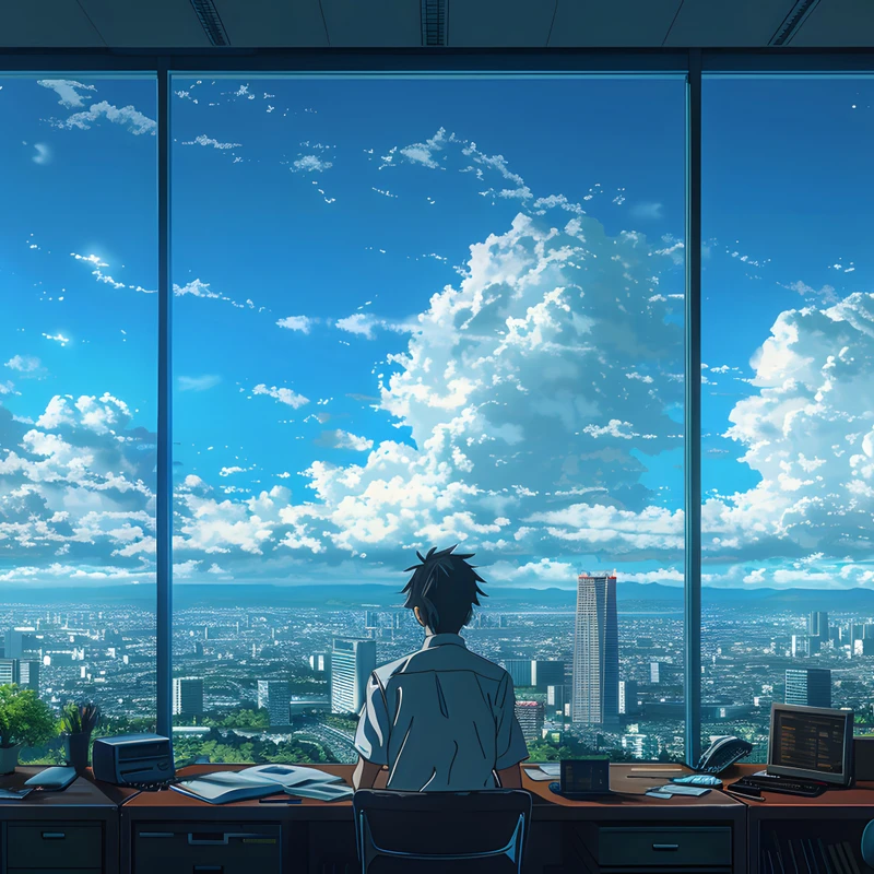 Paisaje urbano de oficina en estilo anime 8K Ultra HD para escritorio