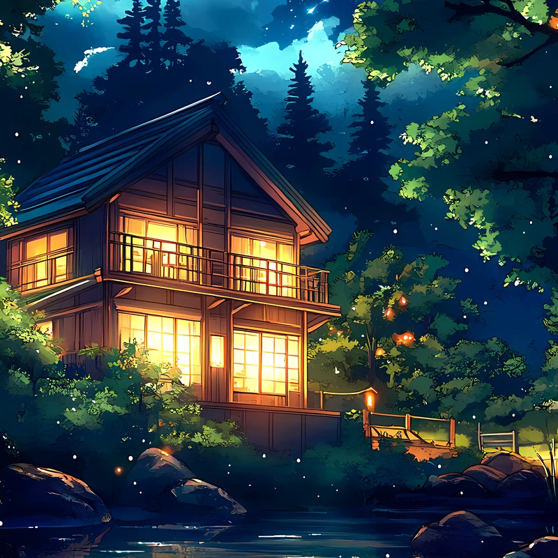 日式森林小屋夜景 8K 超高清手机壁纸