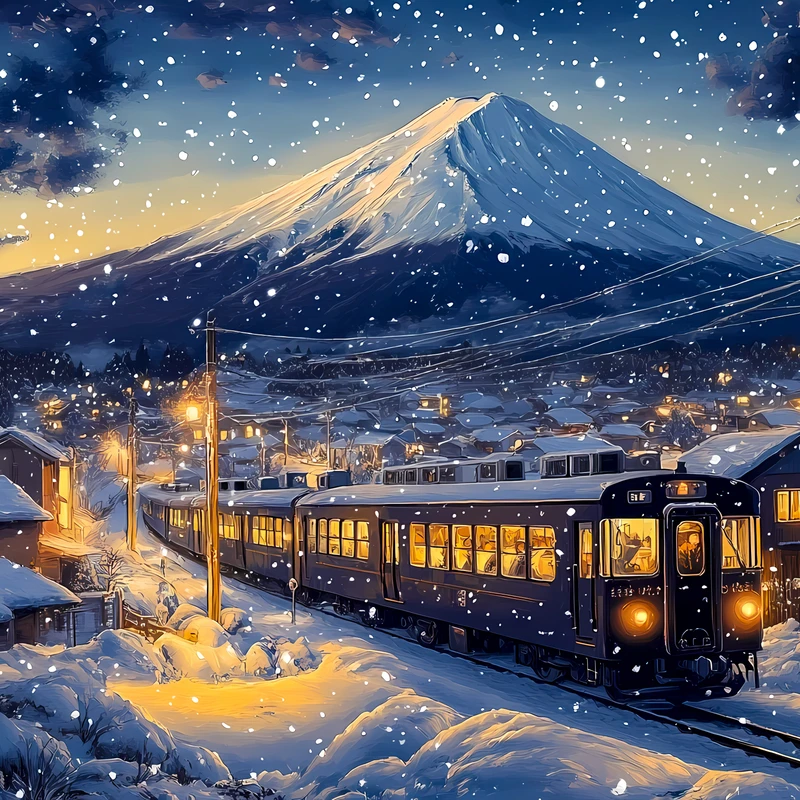 Japonská zimní vlaková cesta 4K stolní pozadí