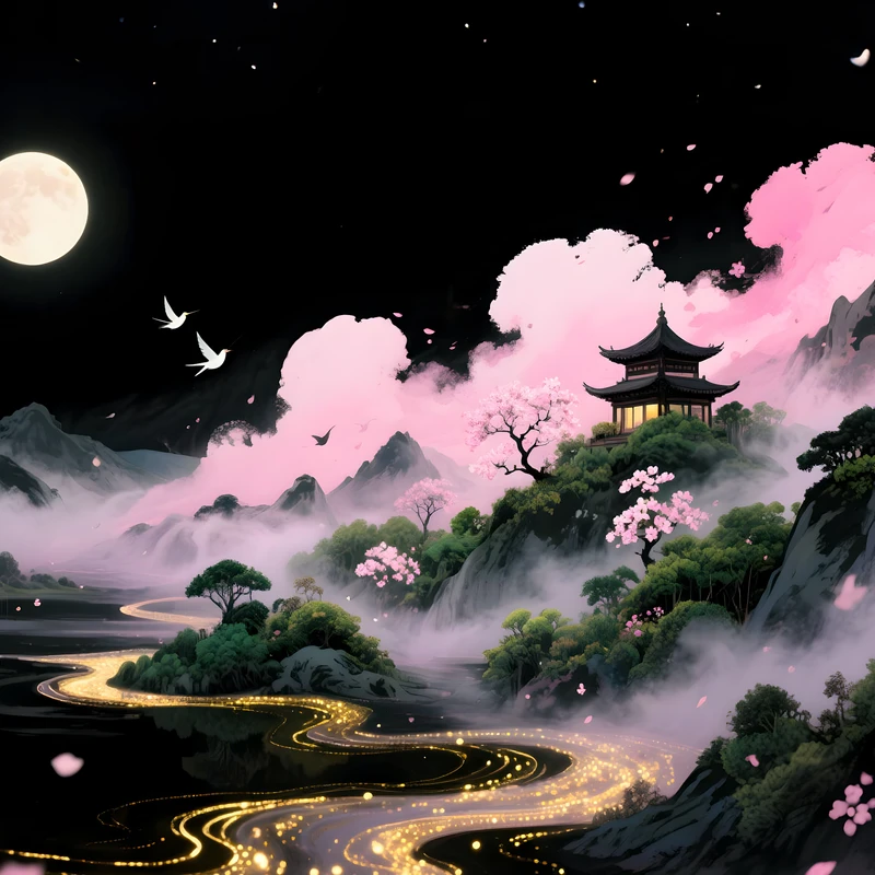 Oriental Art Měsíční svítící údolí s výhonkem 4K stolní pozadí