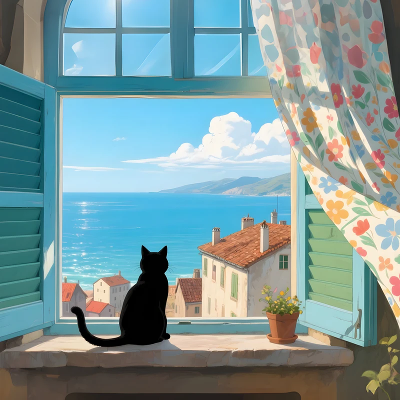 Illustration Chat au Fenêtre avec Vue sur la Mer 4K Fond d'Écran