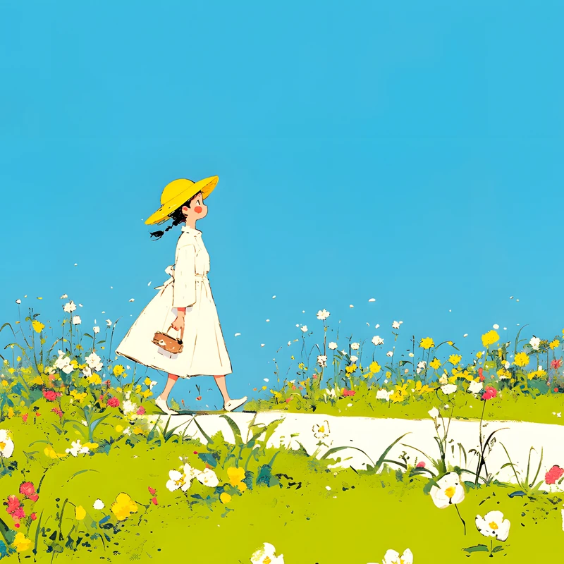 Dziewczyna w stylu Studio Ghibli w polu kwiatów 4K do pulpitu