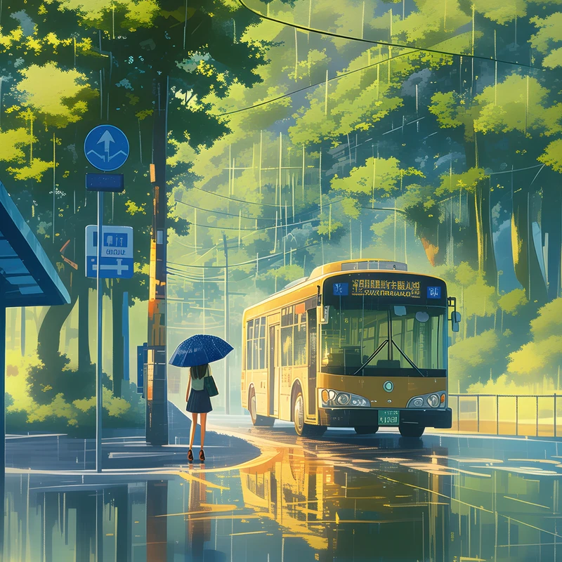 Anime Regenrijke bushalte 8K Ultra HD Desktop Wallpaper