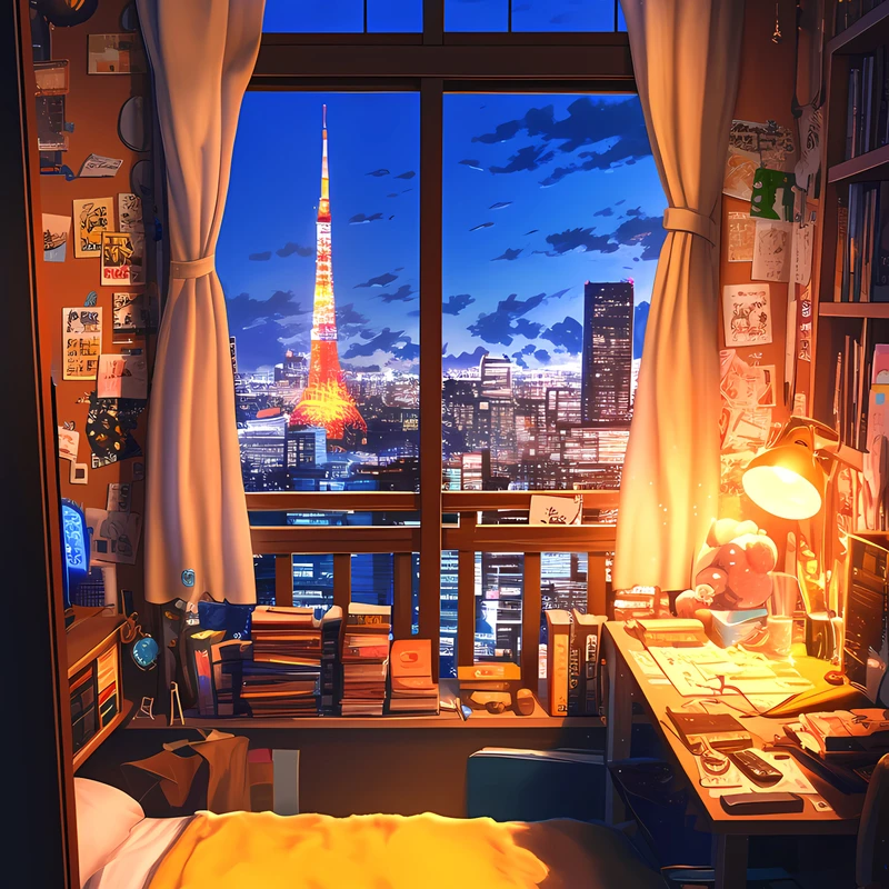 Paysage urbain japonais d'anime nocturne 8K Ultra HD pour téléphone