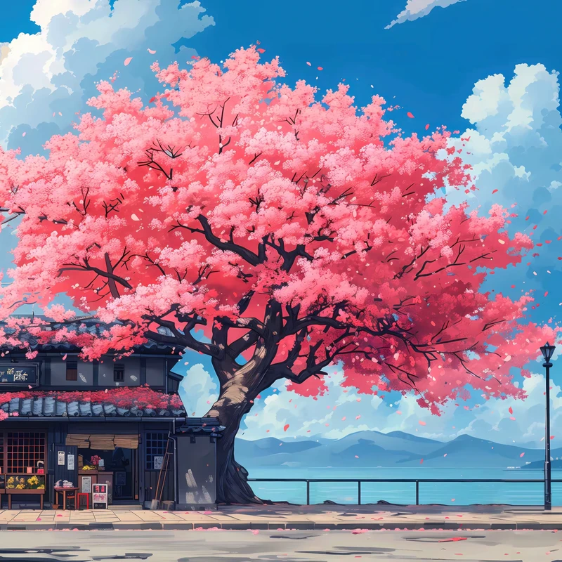 Japonský strom červených květů 4K stolní pozadí