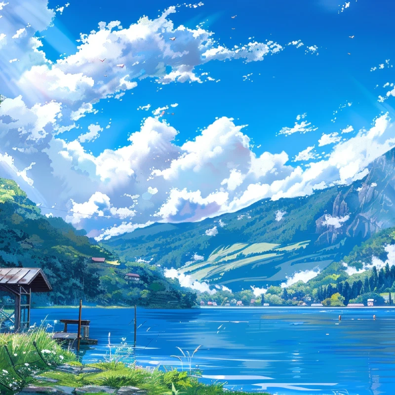 Japanese Anime Lake and Mountain Landscape 8K Desktop Wallpaper