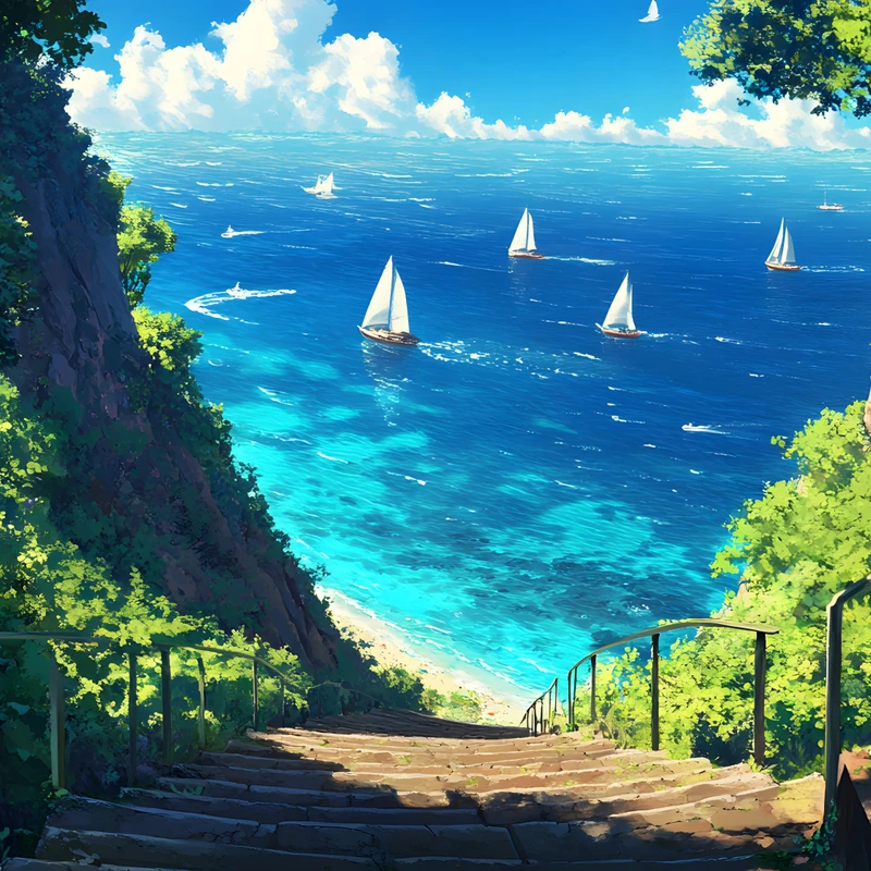 Japansk anime-inspireret kyst med sejlskibe – 8K ultra HD baggrundsbillede