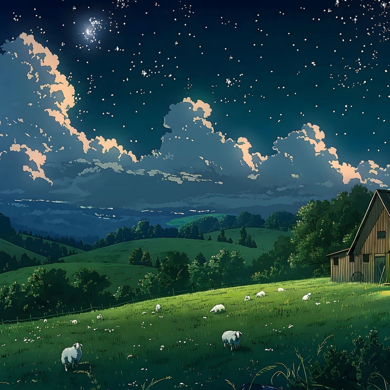 Miyazaki-Style Night Pasture 8K Desktop Wallpaper