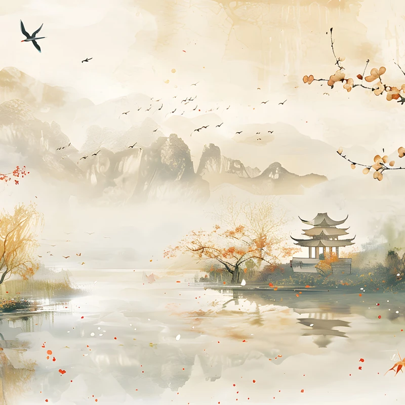 Chinese Style Autumn Landscape Mountain Lake 8K Desktop Wallpaper