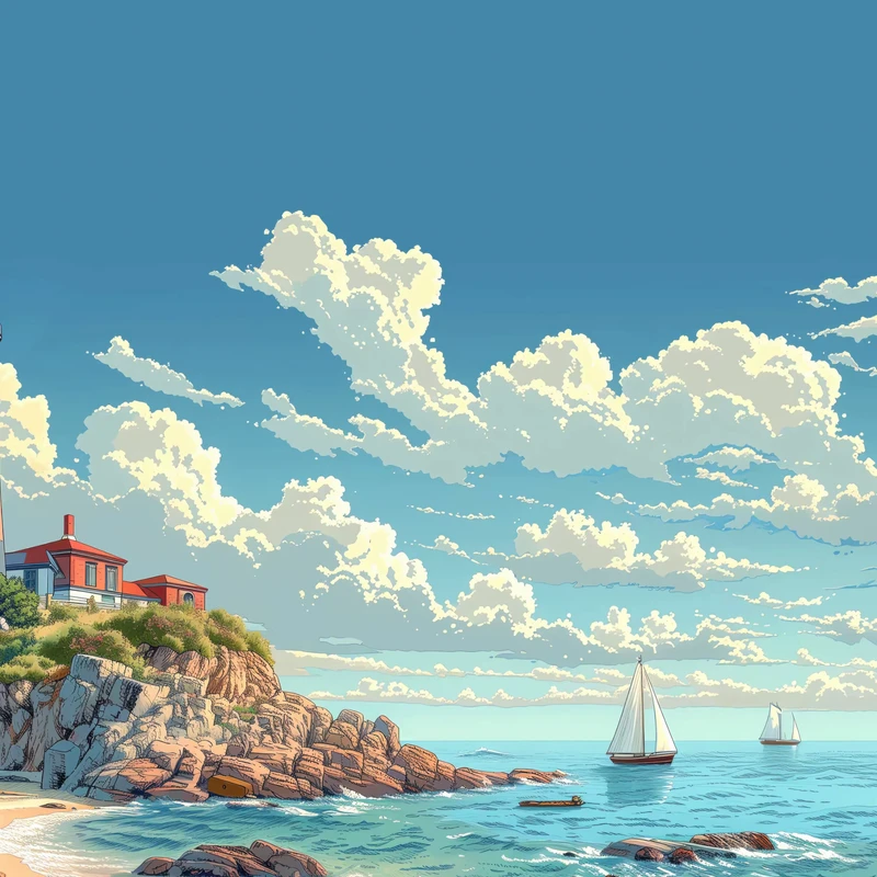 Anime-Kuestenklippe mit Segelboot 4K Desktop-Hintergrund