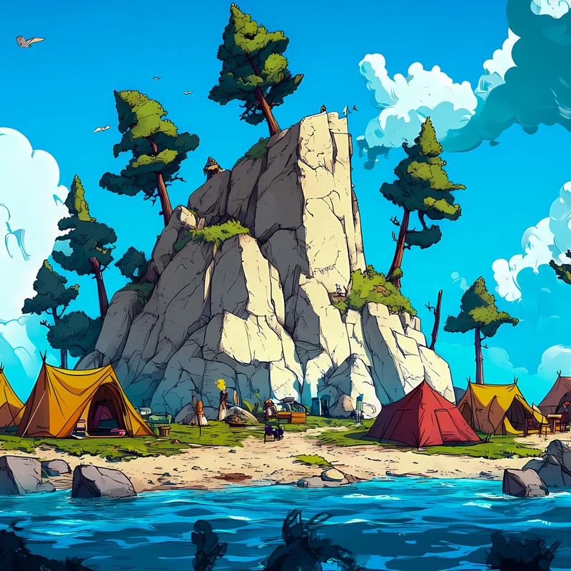 Anime-saari ja leiritys 4K työpöytätausta