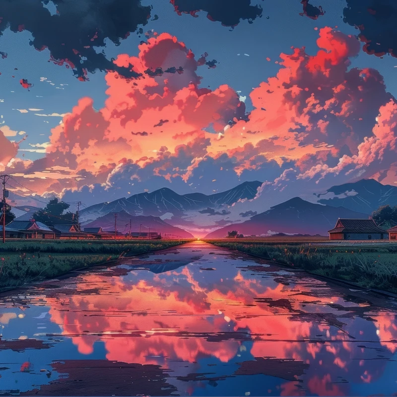 Anime vesnice západ slunce 8K Ultra HD stolní pozadí