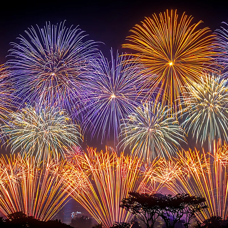 Paysage nocturne avec feux d'artifice japonais 4K pour bureau