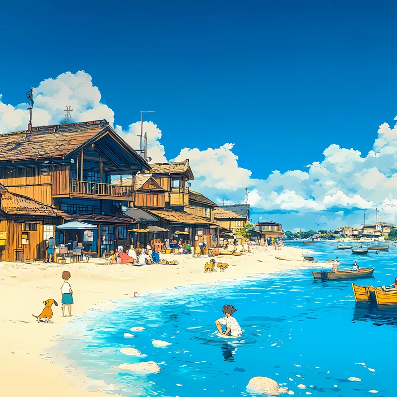 Japonská pobřežní vesnice 4K stěnový obrázek