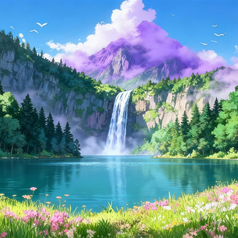 Japansk anime-stil vandfald i dal 8K skrivebordsbaggrund