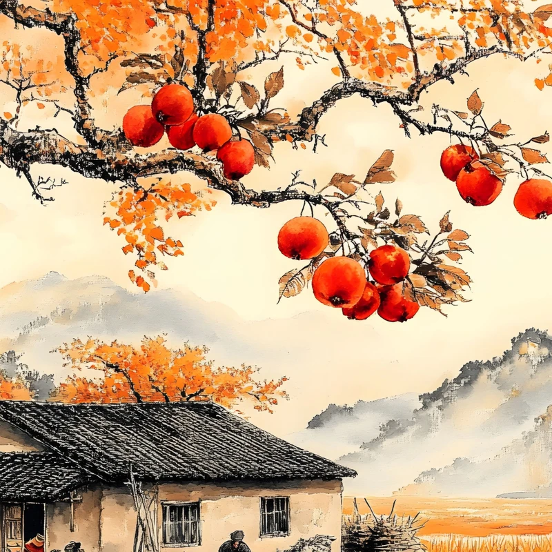 Chinese Style Persimmon Tree 8K Ultra HD Desktop Wallpaper