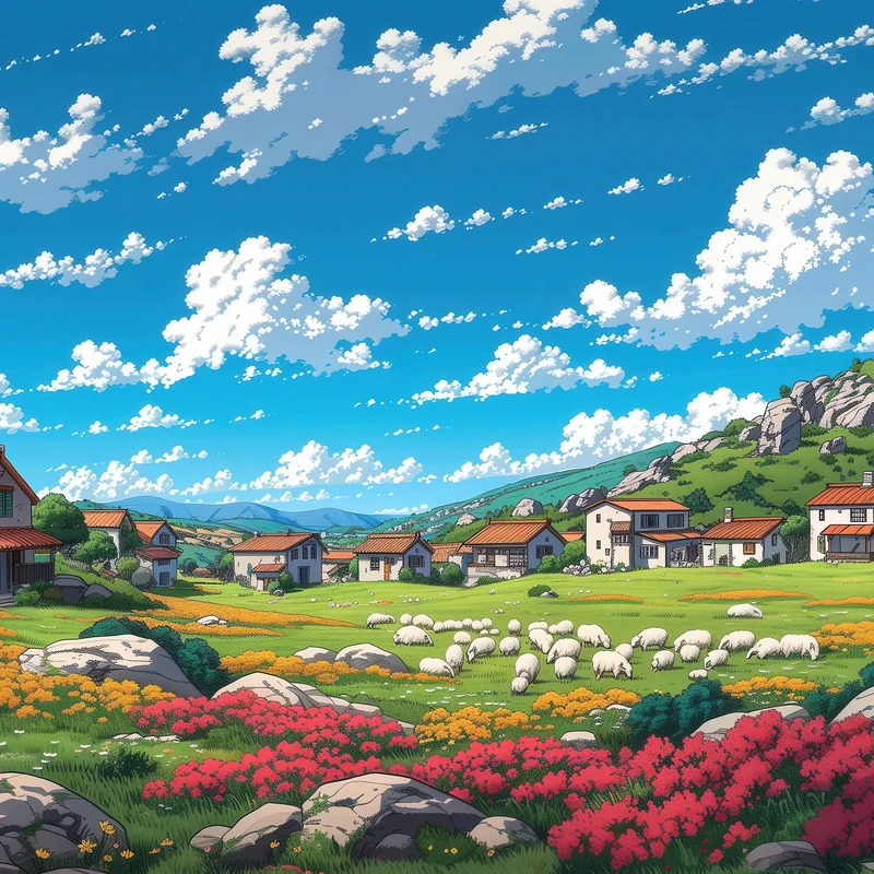 Anime Village Meadow 4K Desktop Wallpaper