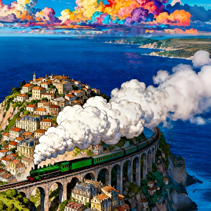 Studio Ghibli Přístavní vesnice vlak 8K Ultra HD mobilní pozadí
