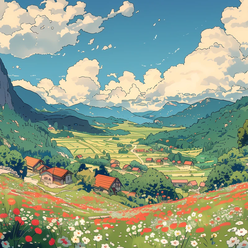 Studio Ghibli-stijl bergdorp 4K bureaubladachtergrond
