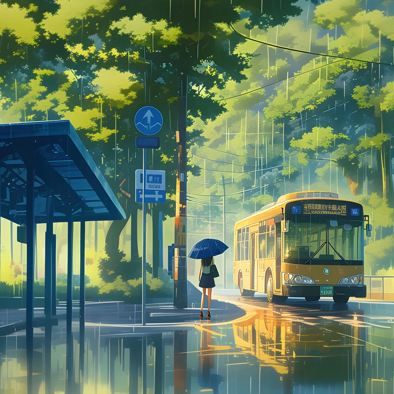 Japanse animatie regenstraat scène 8K Ultra HD bureaublad achtergrond