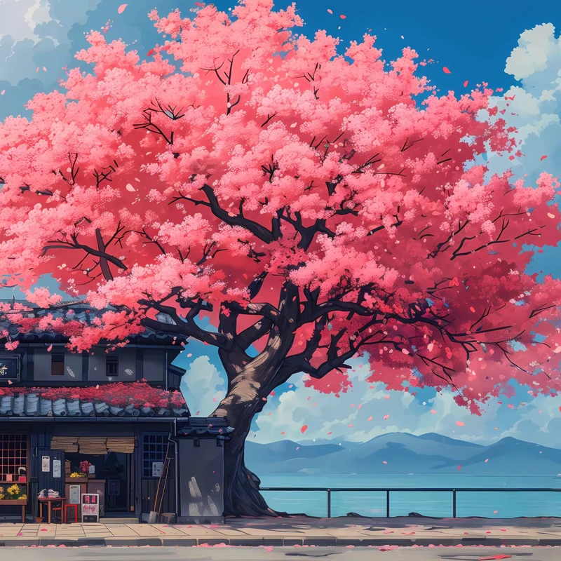 Japonský strom červených květů 4K stolní pozadí