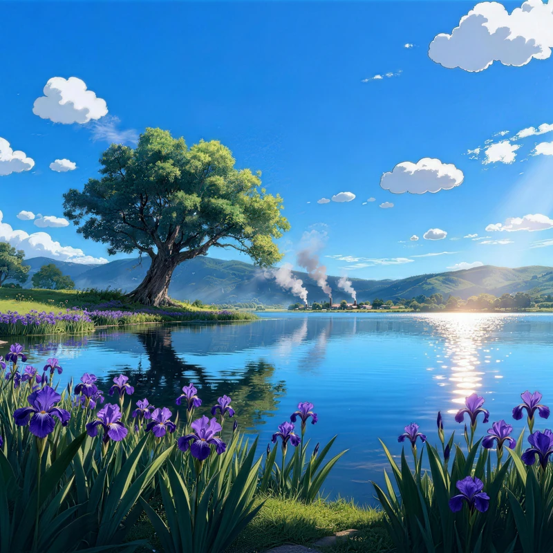 Miyazaki-Style Lakeside Purple Iris 8K Desktop Wallpaper