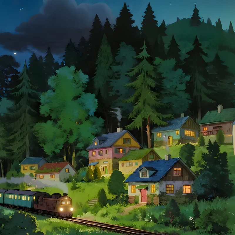 Anime-skovby nattesky 4K skrivebordsbillede