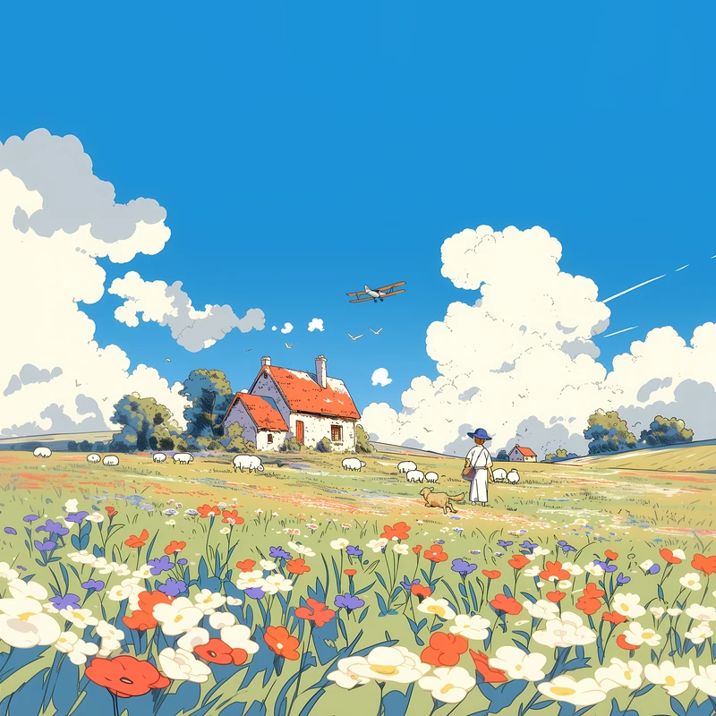 Studio Ghibli Style Flower Field 8K Ultra HD Desktop Wallpaper