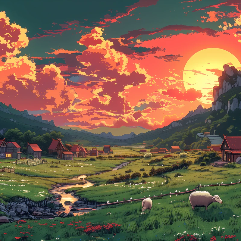 Studio Ghibli Dorpszonson ondergang 4K bureaublad achtergrond