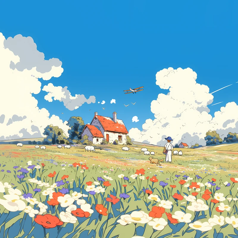 Studio Ghibli Style Flower Field 8K Ultra HD Desktop Wallpaper