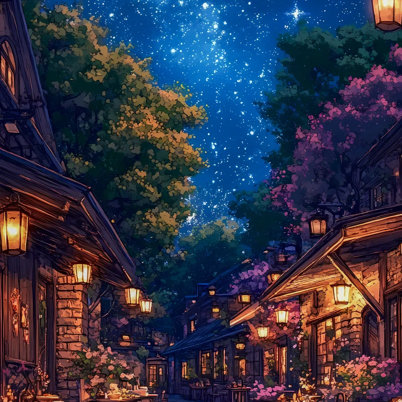 动漫村庄夜空 8K 超高清手机壁纸